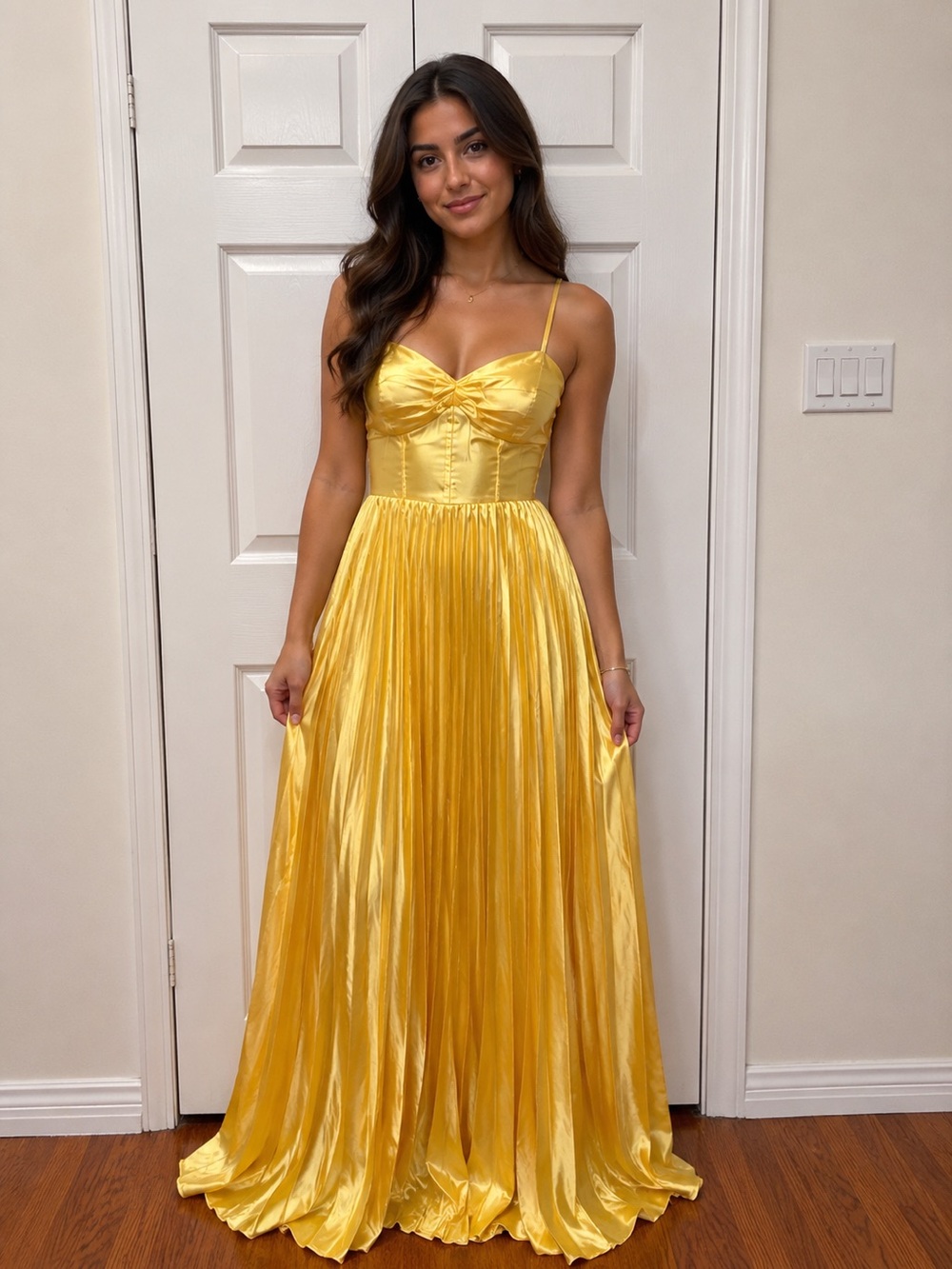 Yellow Satin Pleated Maxi Dress